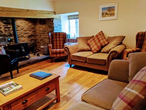 Smart TV, fireplace, books, stereo