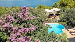 Una piscina circondata da vegetazione rigogliosa e fiori viola, con vista su una località costiera sullo sfondo.