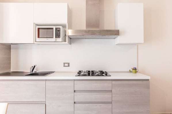 Fridge, microwave, stovetop, coffee/tea maker