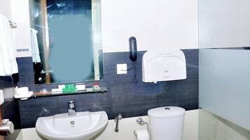 Shower, rainfall showerhead, bathrobes, towels