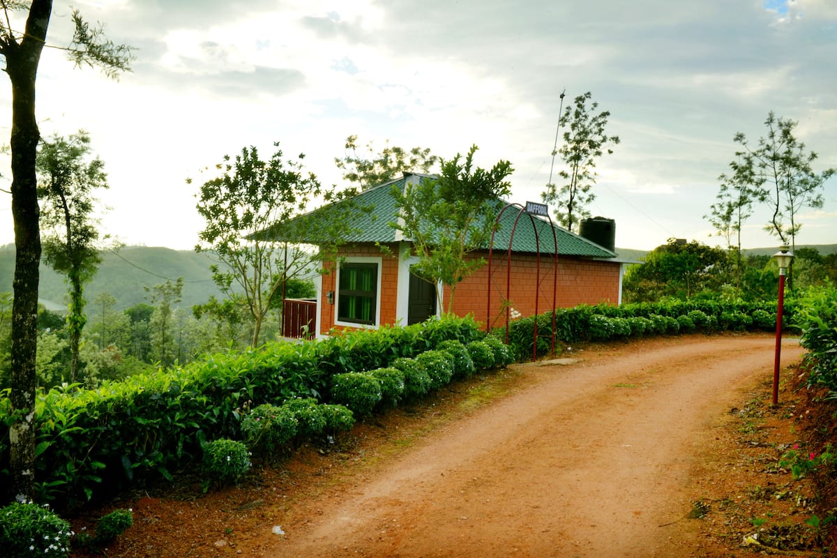 A small brick house with a green roof, surrounded by lush greenery and a dirt path.