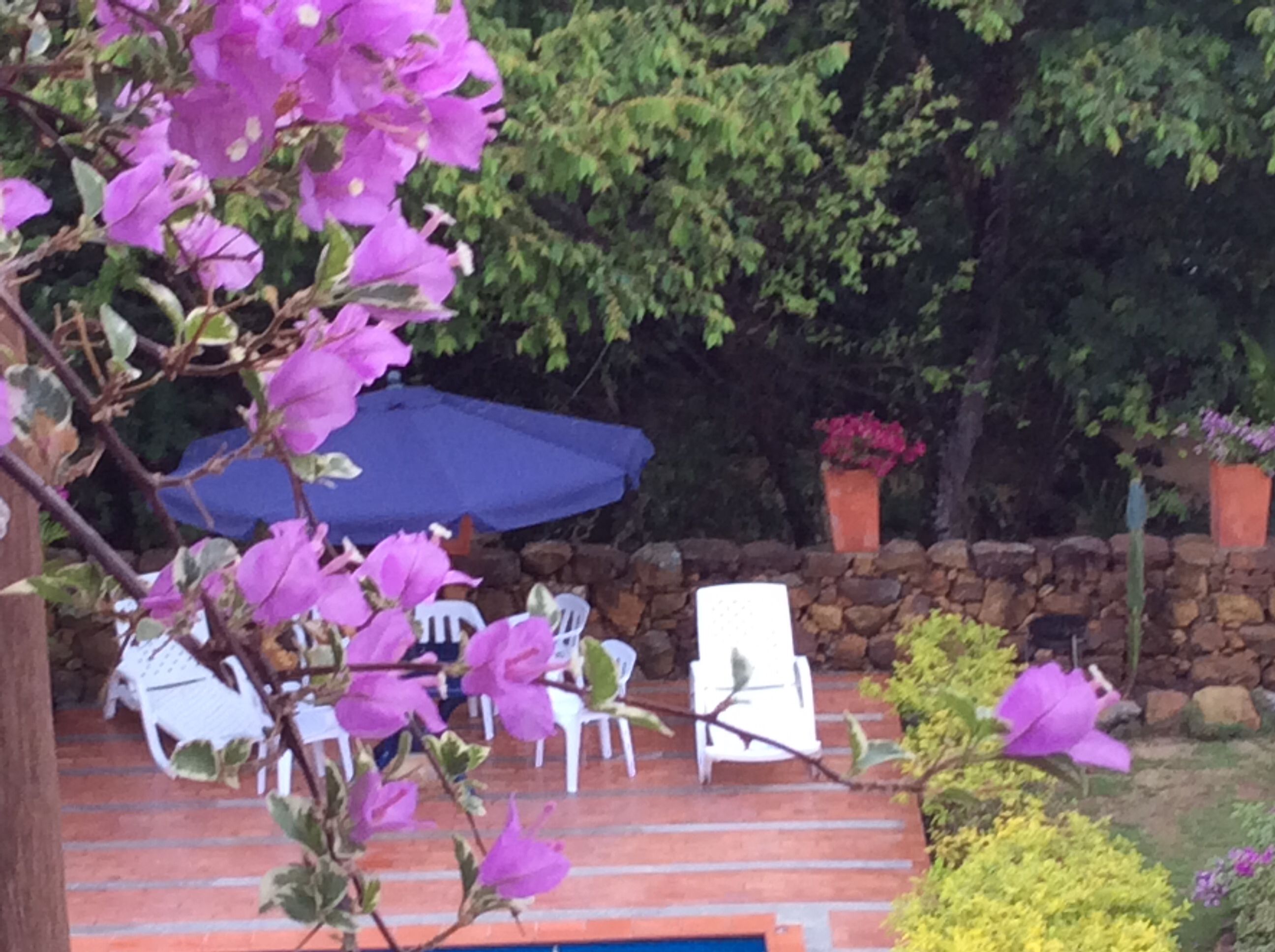 Un patio con sillas blancas, una sombrilla azul y un muro de piedra.