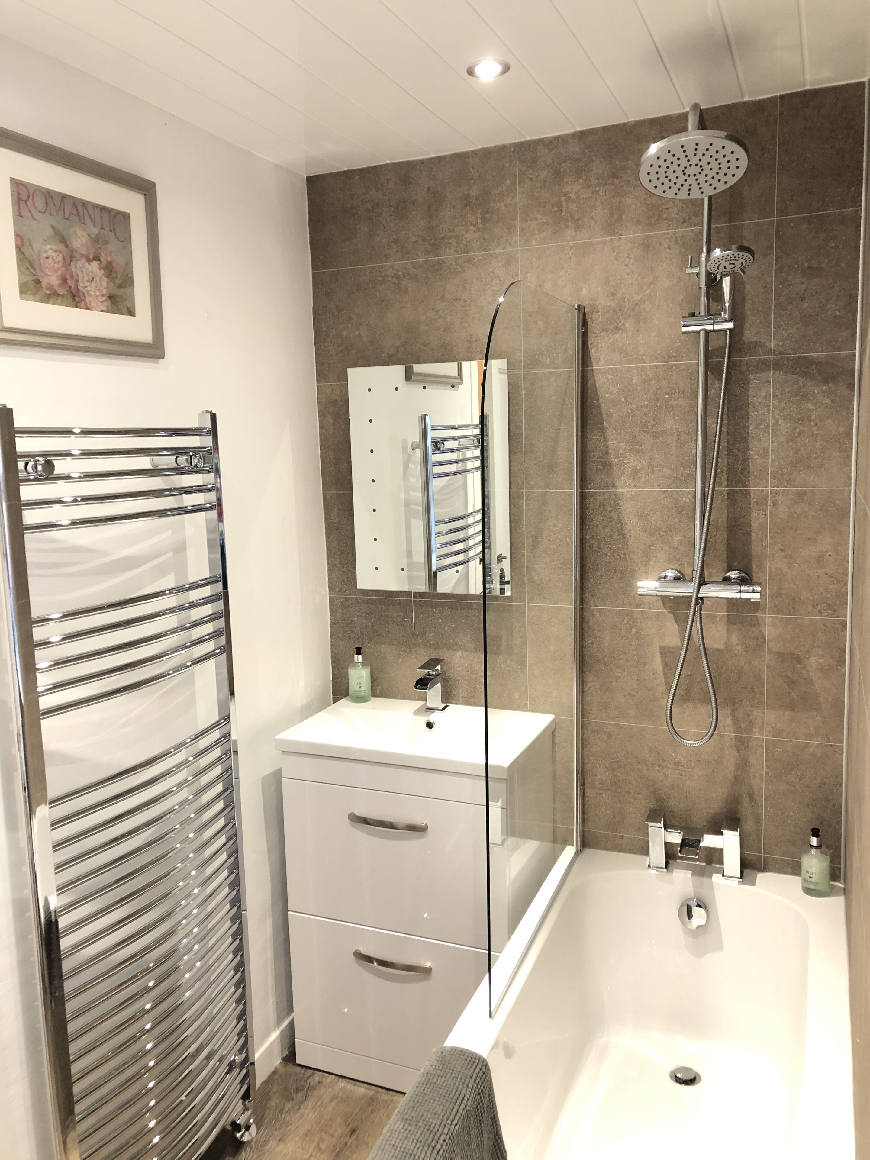 Combined shower/bathtub, free toiletries, hair dryer, towels