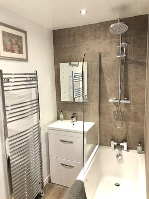 Combined shower/tub, free toiletries, hair dryer, towels