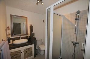 Une salle de bain avec un lavabo, des toilettes et une douche.