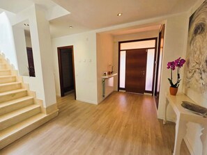 Ein modernes Interieur mit einer Treppe, einem Flur, der zu einer Tür führt, und einer Zimmerpflanze.