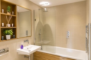 Combined shower/bathtub, free toiletries, hair dryer, towels