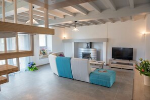 TV, fireplace, books, offices