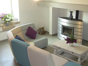 Fernseher, Kamin, Bücher, Arbeitsbereiche