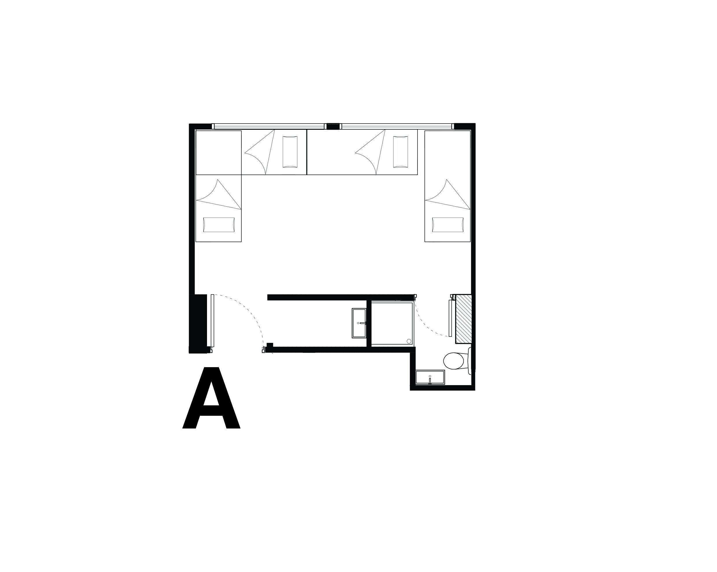 A floor plan with a kitchen, two bedrooms, a bathroom, and a living area.