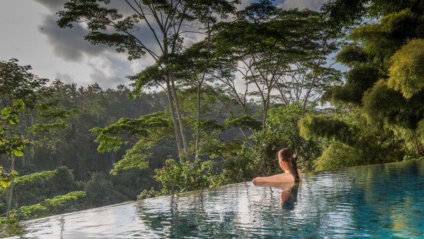 A person in a clear, infinity pool with a view of dense greenery and trees. - The Manipura Luxury Estate & SPA 730sqm Living Area, 20m Iinfinity Pool (Ubud)