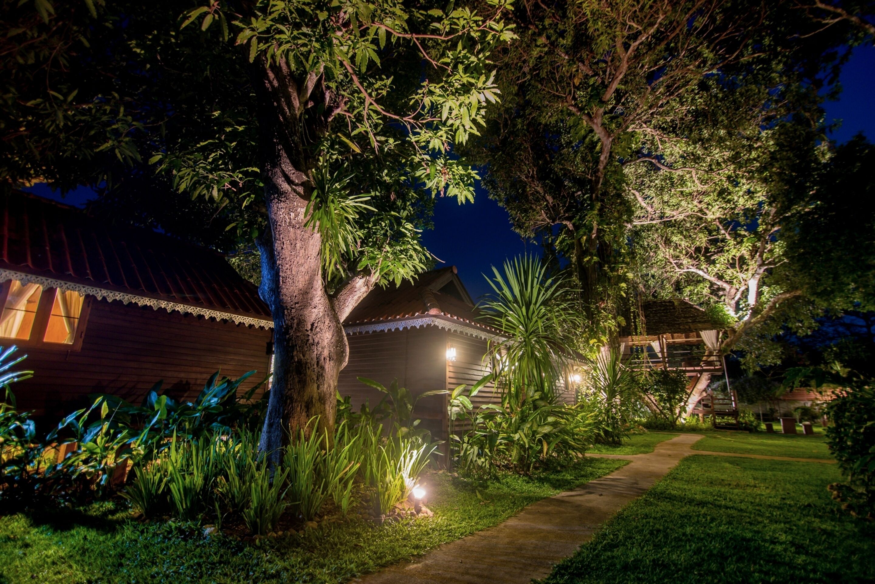 A well-lit garden with a wooden house, a pathway, and various plants.