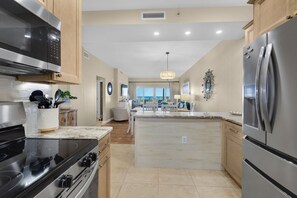 Fridge, microwave, oven, stovetop - Sandy Key 121:  3 BR/2 BA Beachfront Condo, Perdido Key, FL. On-Site Rental Office, Sleeps 6 (Pensacola)