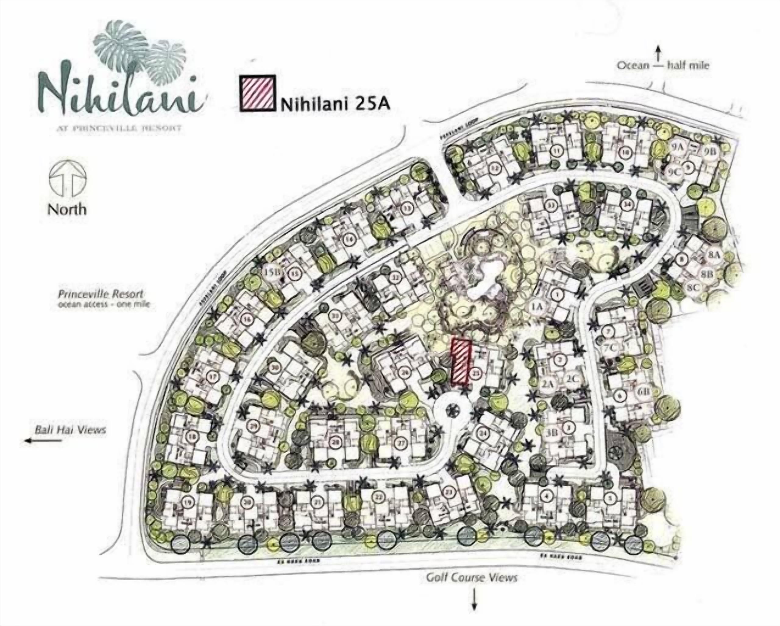 A floor plan of Nihilanı 25A at Princeville Resort, featuring a circular layout with numbered rooms, a central courtyard, and proximity to the ocean and golf course views.