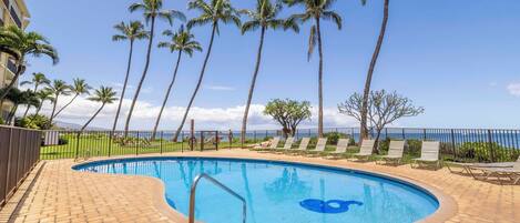 Ein Swimmingpool mit blauem Himmel, Palmen und Blick auf den Ozean.