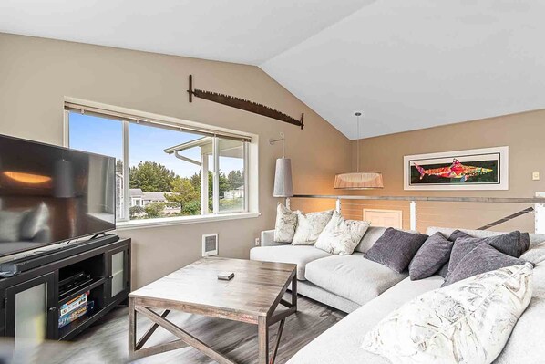 Smart TV, fireplace, video-game console, foosball