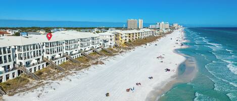 On the beach, sun-loungers, beach towels