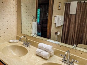 A bathroom with two sinks, a large mirror, and a towel rack. - A Trailside Home with Indoor Hot Tub And Allows Dogs (Ironwood)