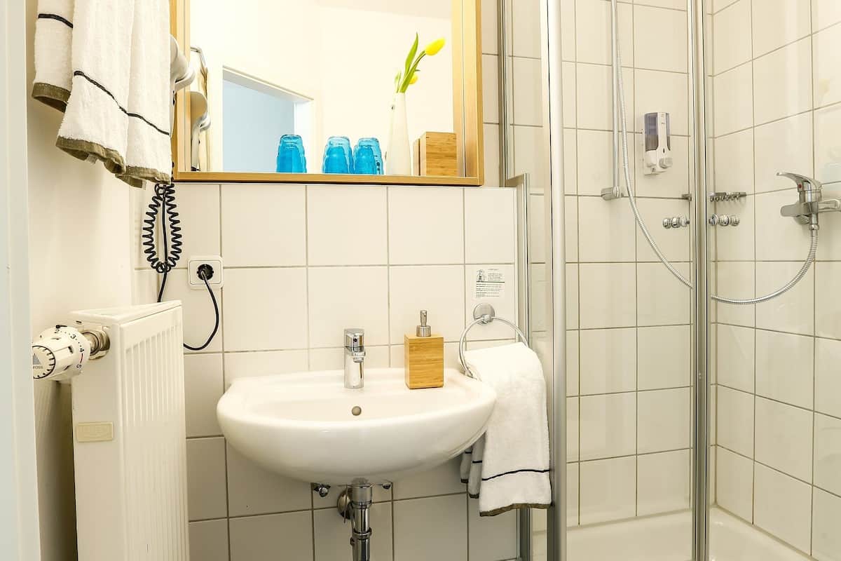 shower, eco-friendly toiletries, hair dryer, towels