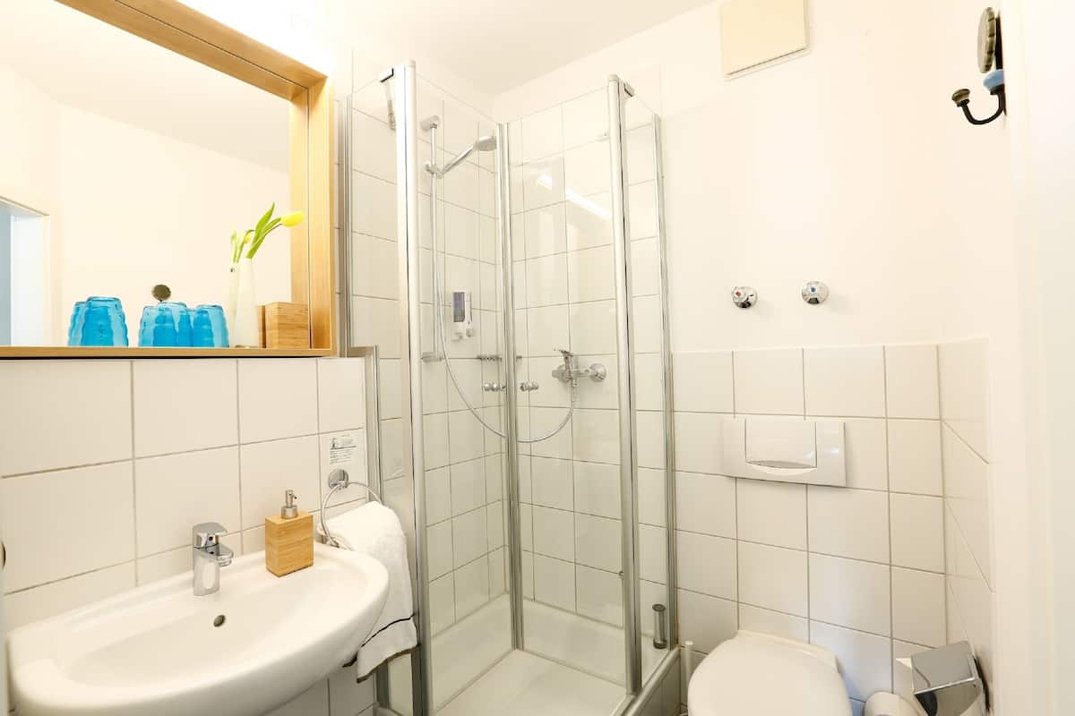 shower, eco-friendly toiletries, hair dryer, towels