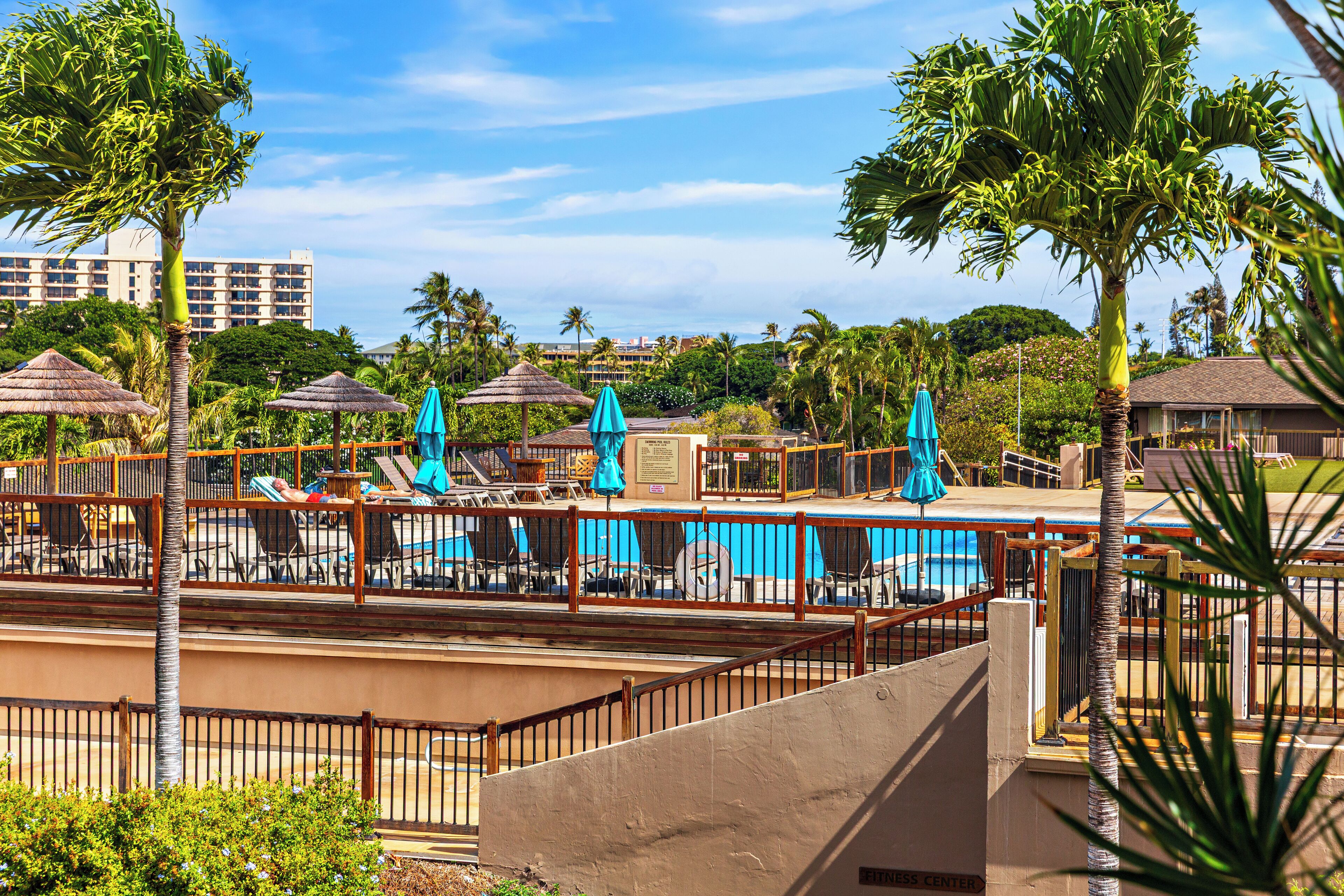 A pool area with lounge chairs and umbrellas, surrounded by palm trees and a building in the background.