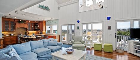 TV, fireplace, books, stereo