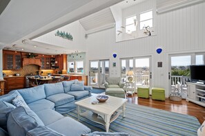 TV, fireplace, books, stereo