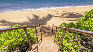 Une plage avec un escalier descendant jusqu'au rivage, entourée de verdure.