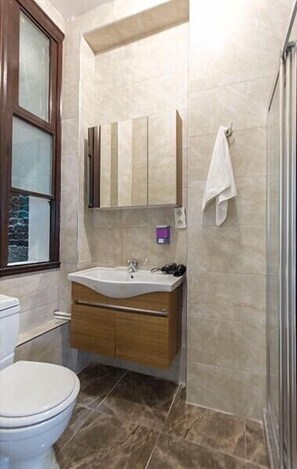 Combined shower/tub, towels