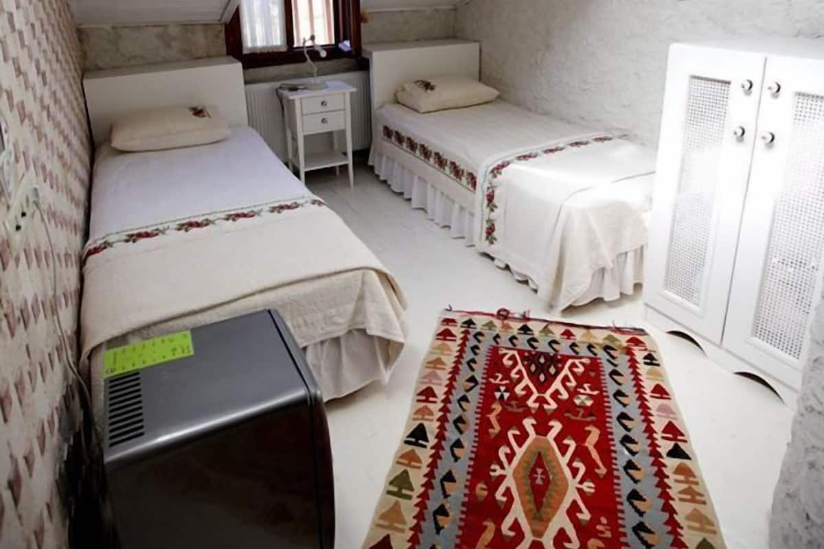 A compact room with two beds, a small desk, and a radiator.