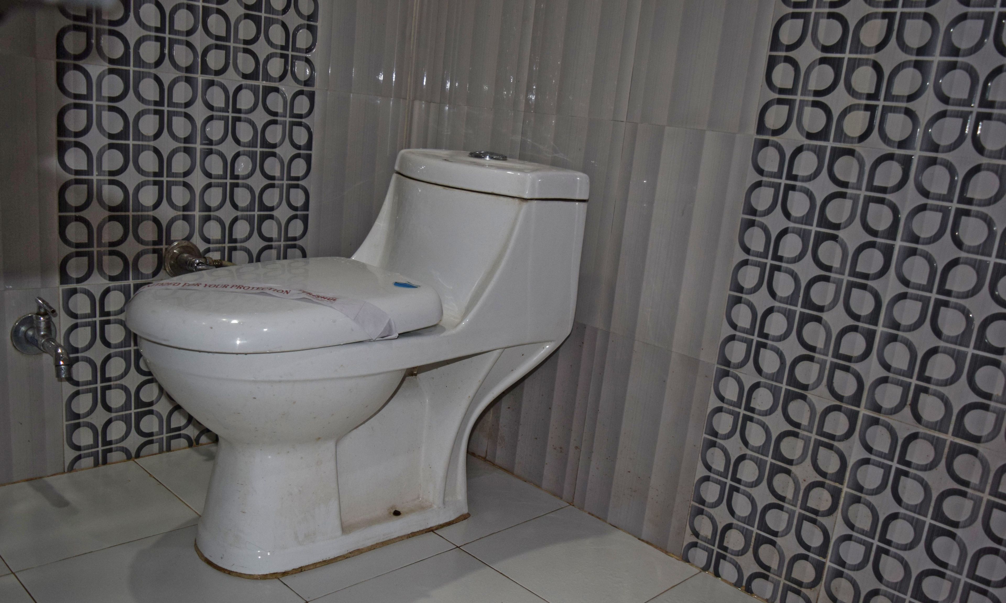 A toilet with a white seat and tank, a visible water tank, and a wall with a geometric pattern.