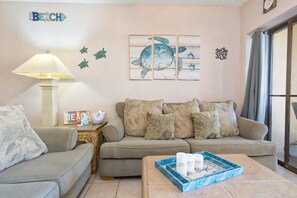 TV, DVD player, video library, stereo
