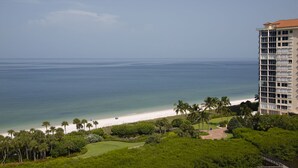 Een hotel aan het strand met uitzicht op de oceaan, een zandstrand en palmbomen.
