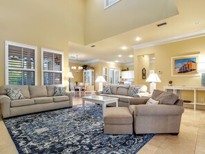 TV, DVD player, books, stereo