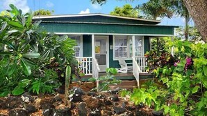 A small, single-story house with a porch, surrounded by lush greenery and a cactus.