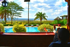A poolside view with a clear view of the ocean, palm trees, and a gazebo. - Lake Nakuru Lodge (Nakuru)