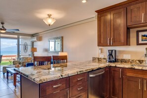 Fridge, microwave, oven, stovetop - Makani Sands 106 - Oceanfront:  “Sale” into Whale Season with Reduced Rates! (Honokowai)