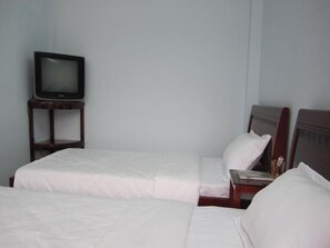 A hotel room with two single beds, a small wooden nightstand, and a television on a stand.