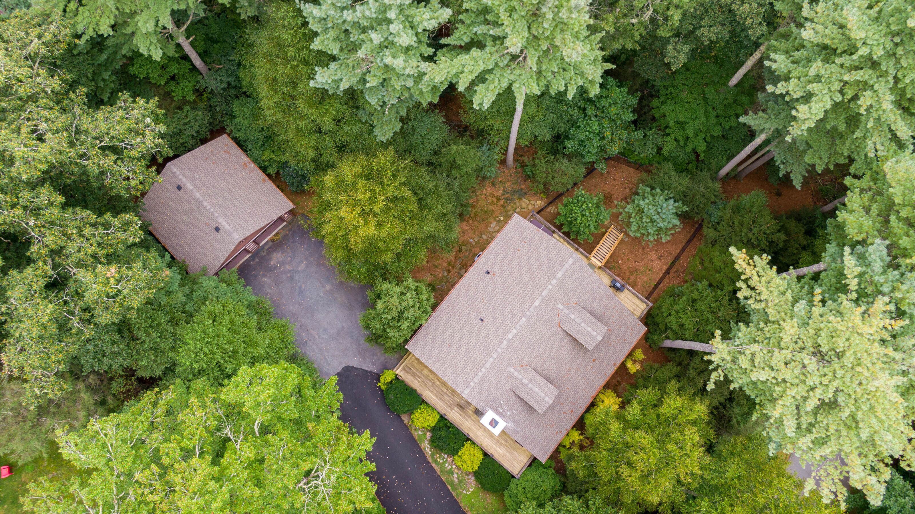 An aerial view of a residential area with two houses, surrounded by dense greenery and a narrow road.