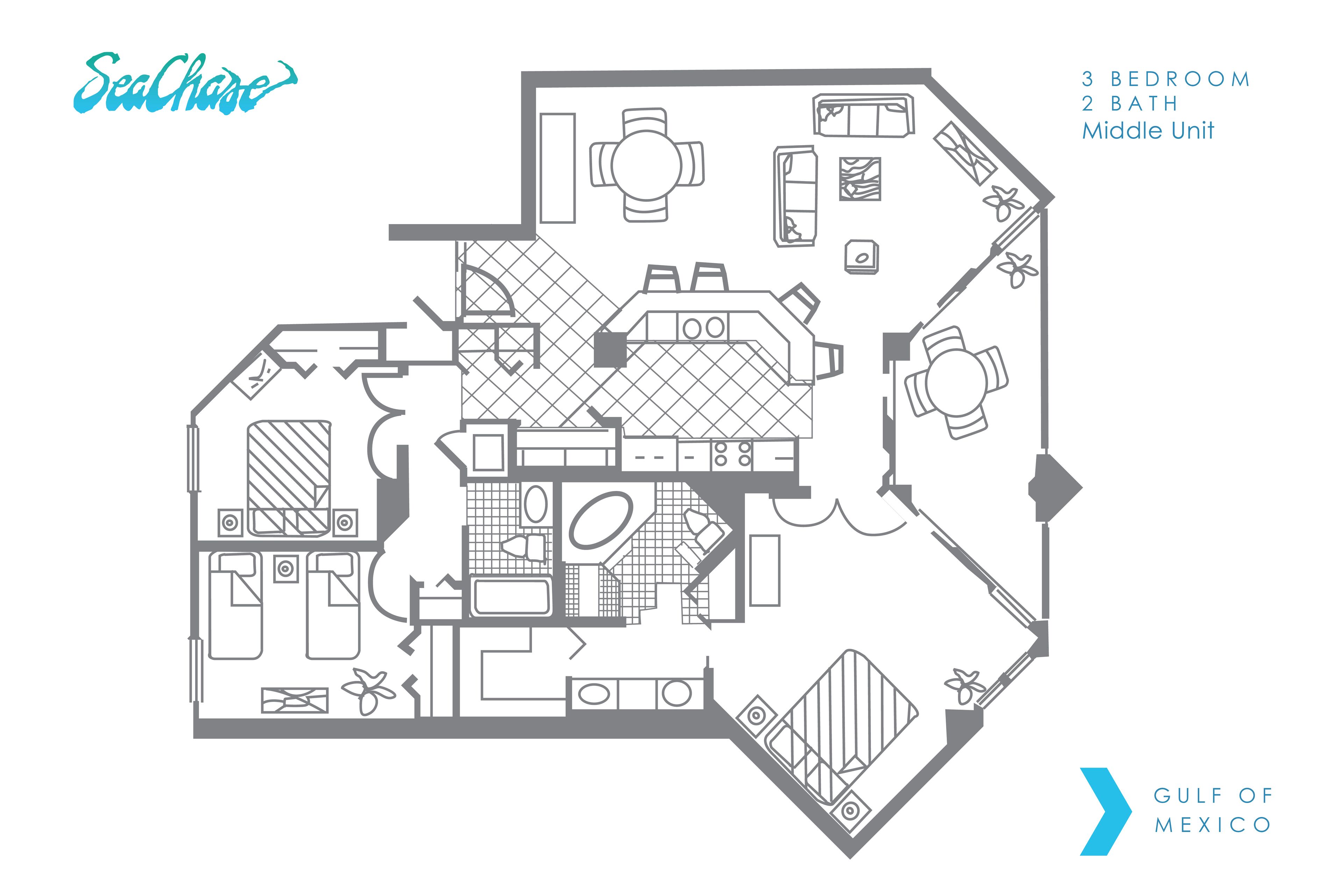 A floor plan of a Gulf of Mexico hotel with 3 bedrooms, 2 bathrooms, and a middle unit.
