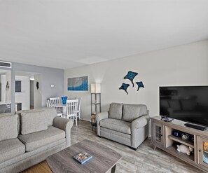 TV, DVD player, video library