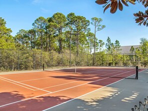 Un court de tennis avec un filet, entouré d’arbres et d’une clôture.