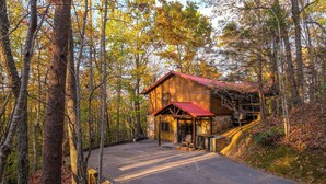 Eine rustikale Holzhütte mit rotem Dach, umgeben von hohen Bäumen und einem Feldweg.