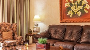 Una sala de estar con un sofá de cuero marrón, un sillón estampado, una mesa de centro de madera con vasos de líquido ámbar, una lámpara y un cuadro con flores amarillas en la pared.