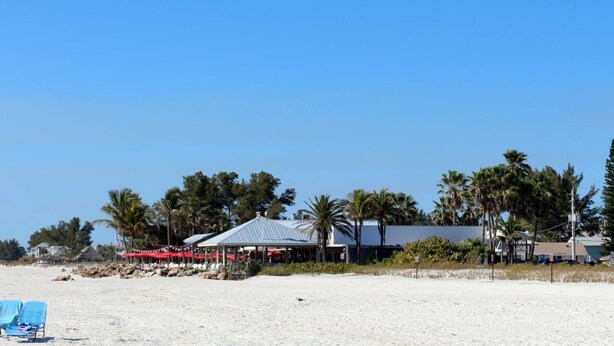 Une propriété située en bord de mer, comprenant un grand bâtiment, des palmiers et une plage de sable.