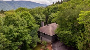 A house surrounded by dense forest with a mountain in the background. - Grand View - Mountain Views, Pool Table, Fire Pit (Banner Elk)