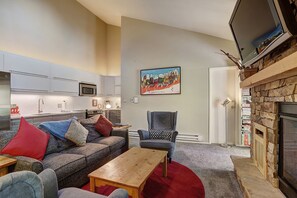 薄型テレビ、暖炉、DVD プレーヤー