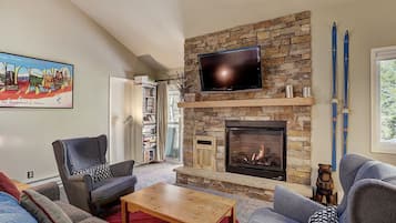 Flat-screen TV, fireplace, DVD player