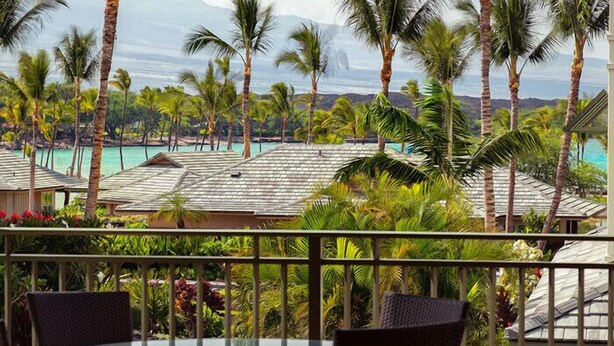 A tropical resort with a pool, palm trees, and a view of the ocean.
