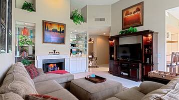 Télévision, cheminée, lecteur de DVD, chaßne hi-fi